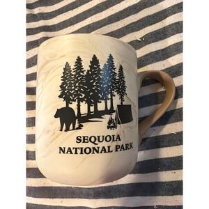 Sequoia National Park Coffee Mug Bear Camping Scene Marbled Ceramic Tan Black